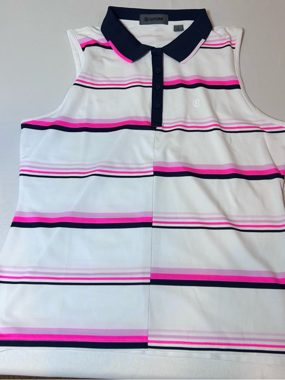G/FORE White Polo with Navy, Hot Pink & Light Pink Stripes